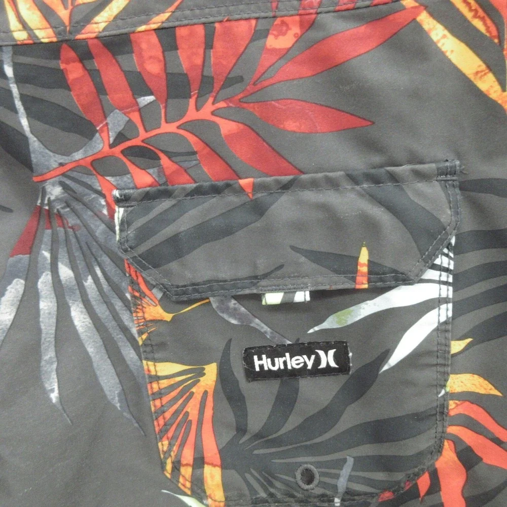Hurley Men's Swim Board Shorts Size 30 Black Palm Tree Drawstring Back Pocket